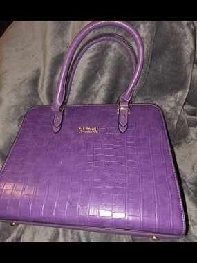 Qiyuer Purple Croc-Embossed Structured Satchel